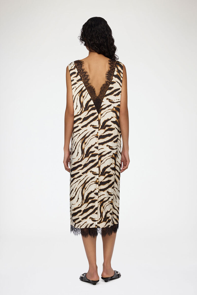 Dress in Zebra Satin, Viscose, in colour Egret - 2 - GANNI