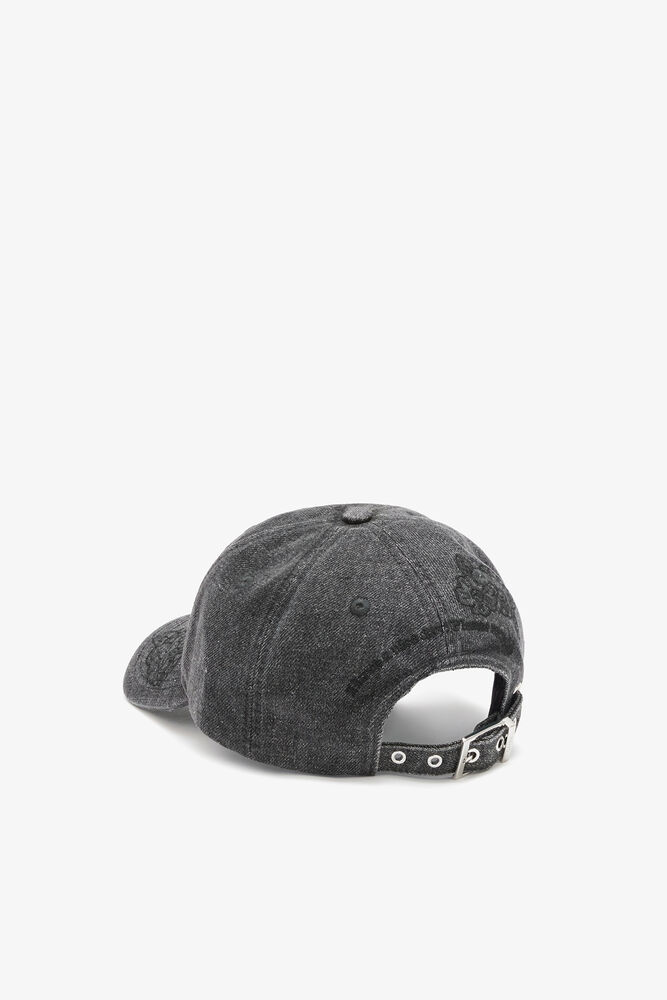 Cap in Embroidered Denim, Black Washed