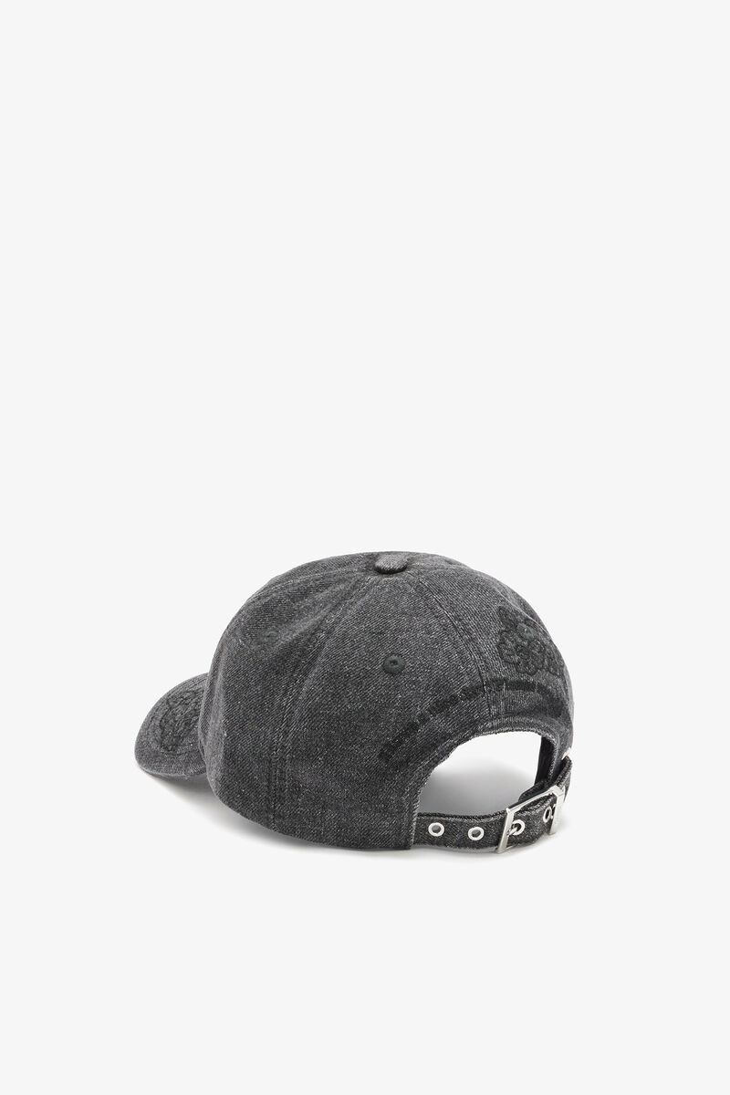 Cap in Embroidered Denim, Organic Cotton, in colour Black Washed - 2 - GANNI