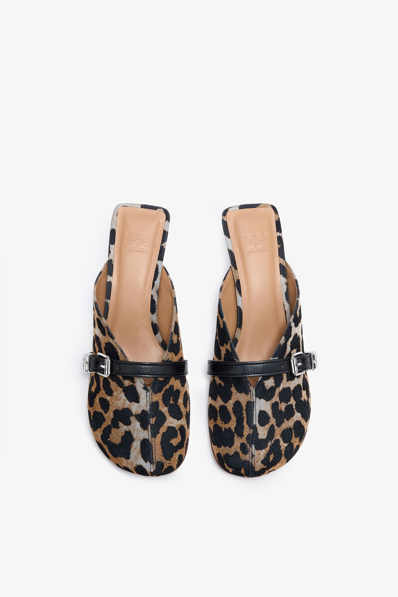 Sue Heeled Mules in Leopard, Recycled Cotton, in colour Almond Milk - 3 - GANNI