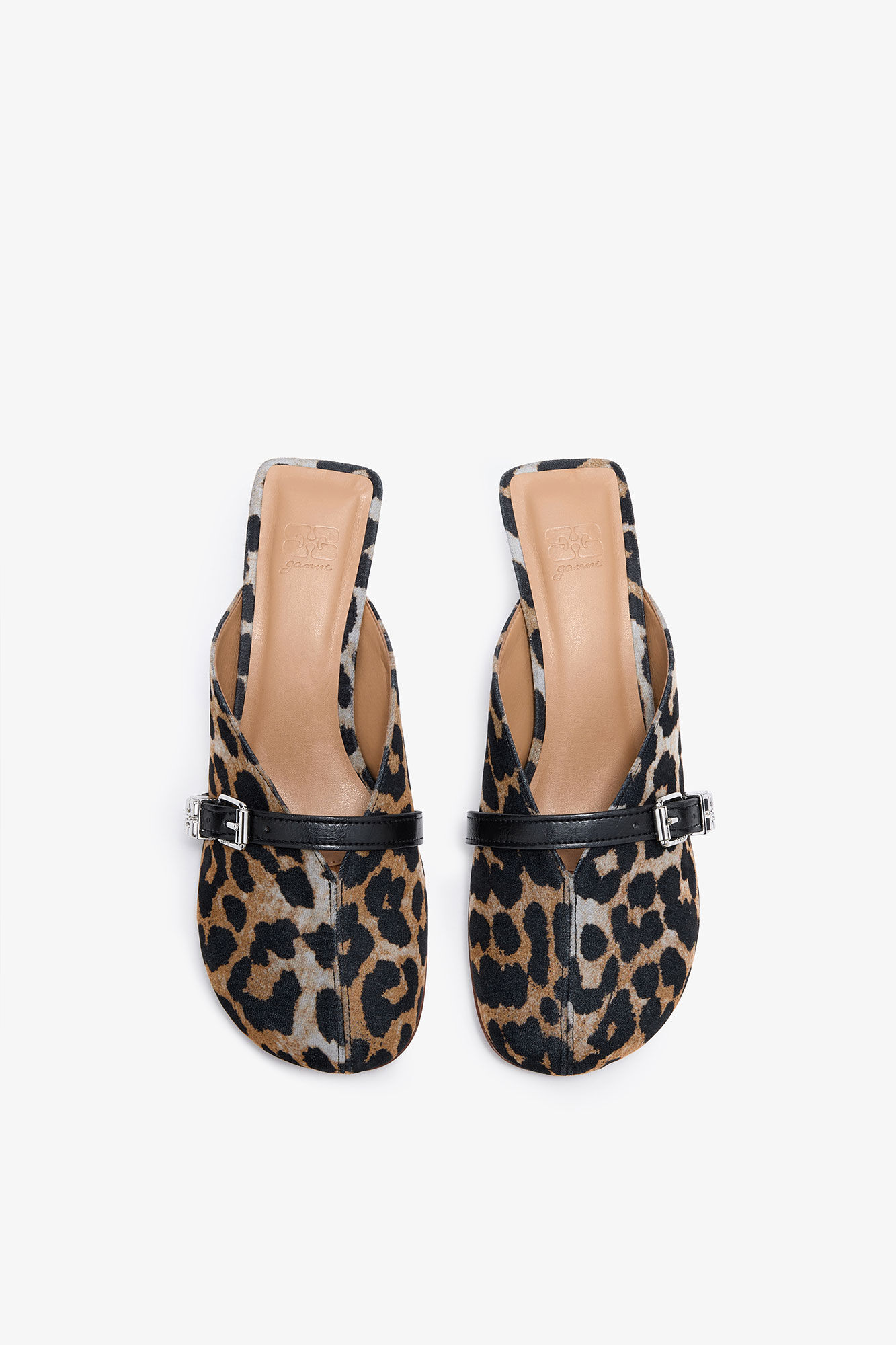 Sue Heeled Mules in Leopard, Recycled Cotton, in colour Almond Milk - 3 - GANNI