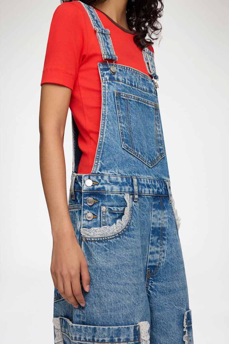 Overalls Cropped Lace in Rigid Denim, Organic Cotton, in colour Dark Blue Vintage - 3 - GANNI