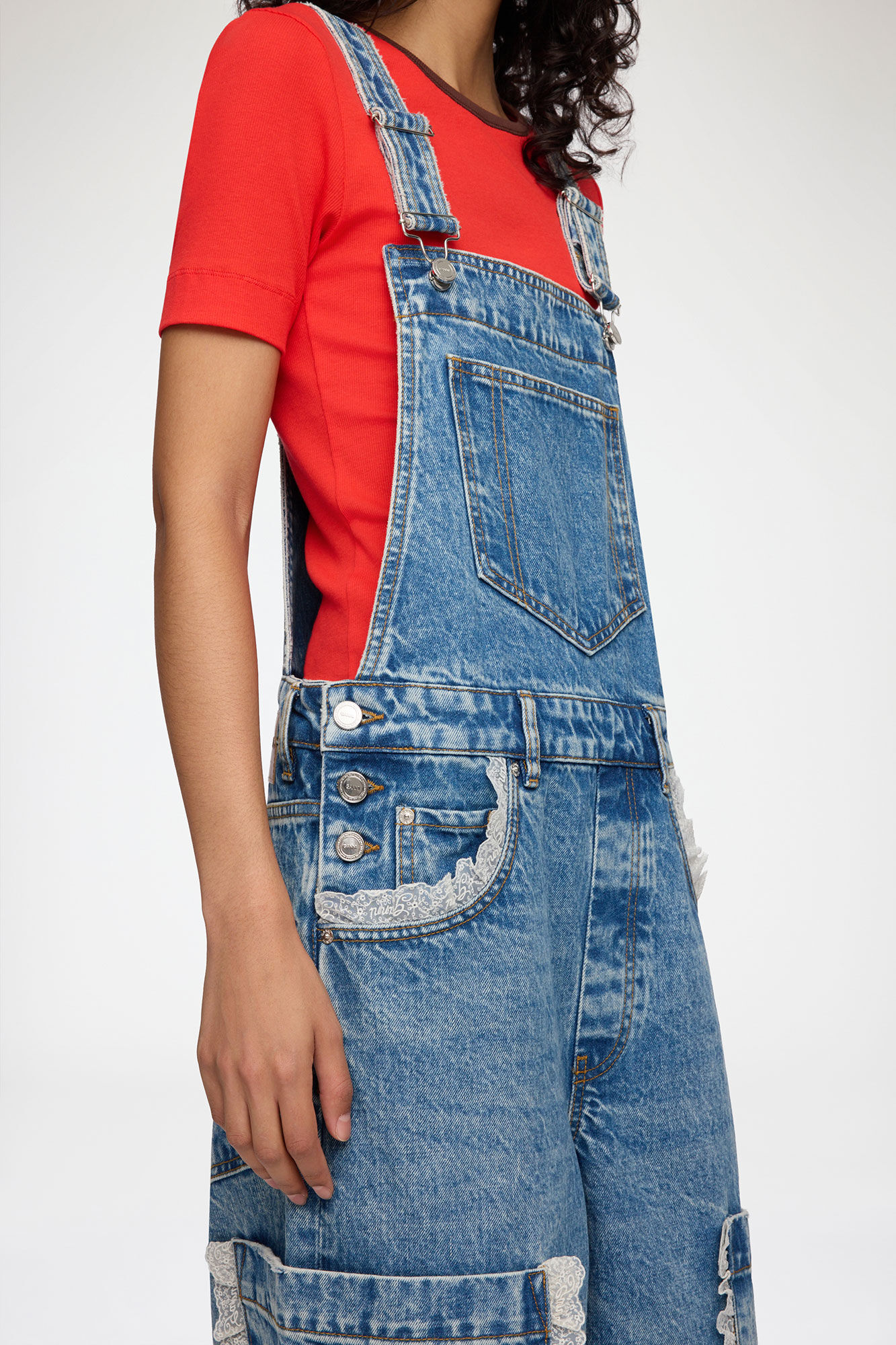 Overalls Cropped Lace in Rigid Denim, Organic Cotton, in colour Dark Blue Vintage - 3 - GANNI