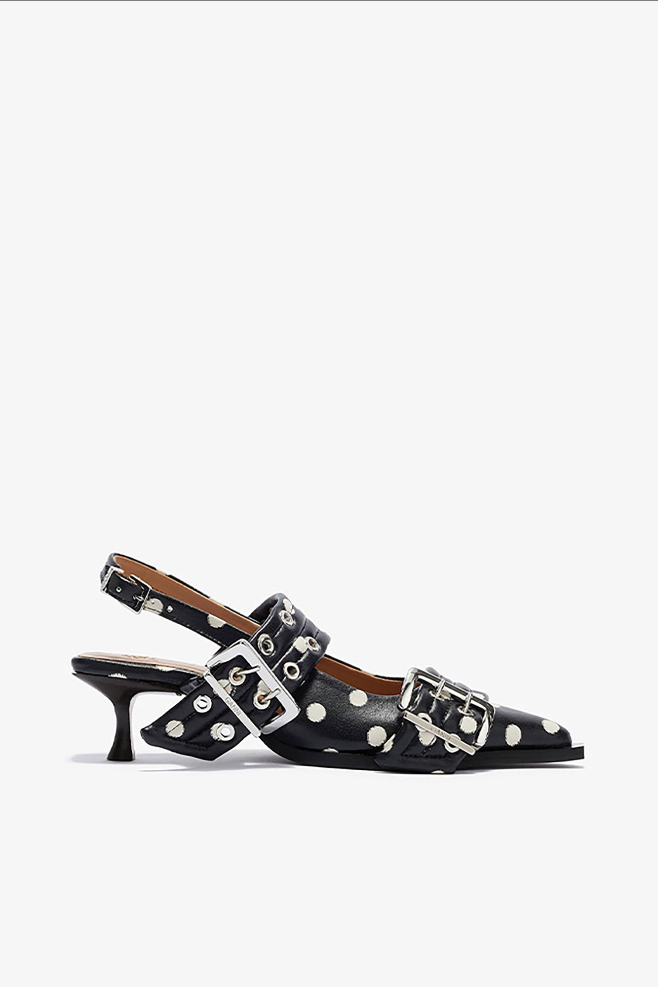 Feminine Buckle Heels with Dots, Recycled Leather, in colour Black - 1 - GANNI