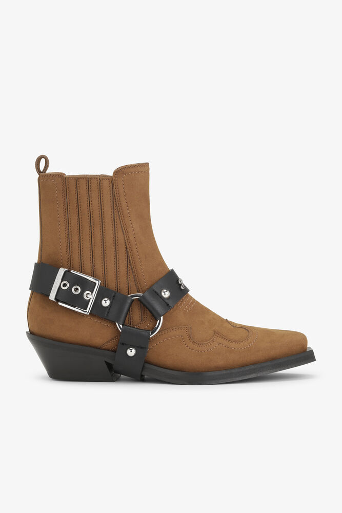 Brown Suede Low Cut Western Chelsea Boots, Tobacco Brown