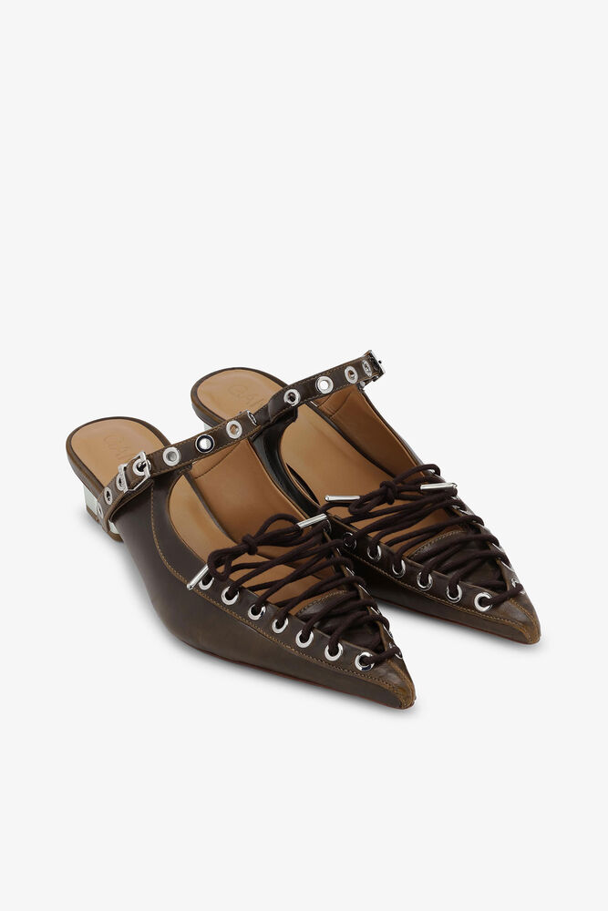 Lace-Up Mules in Dark-Olive Oleatex, Dark Olive