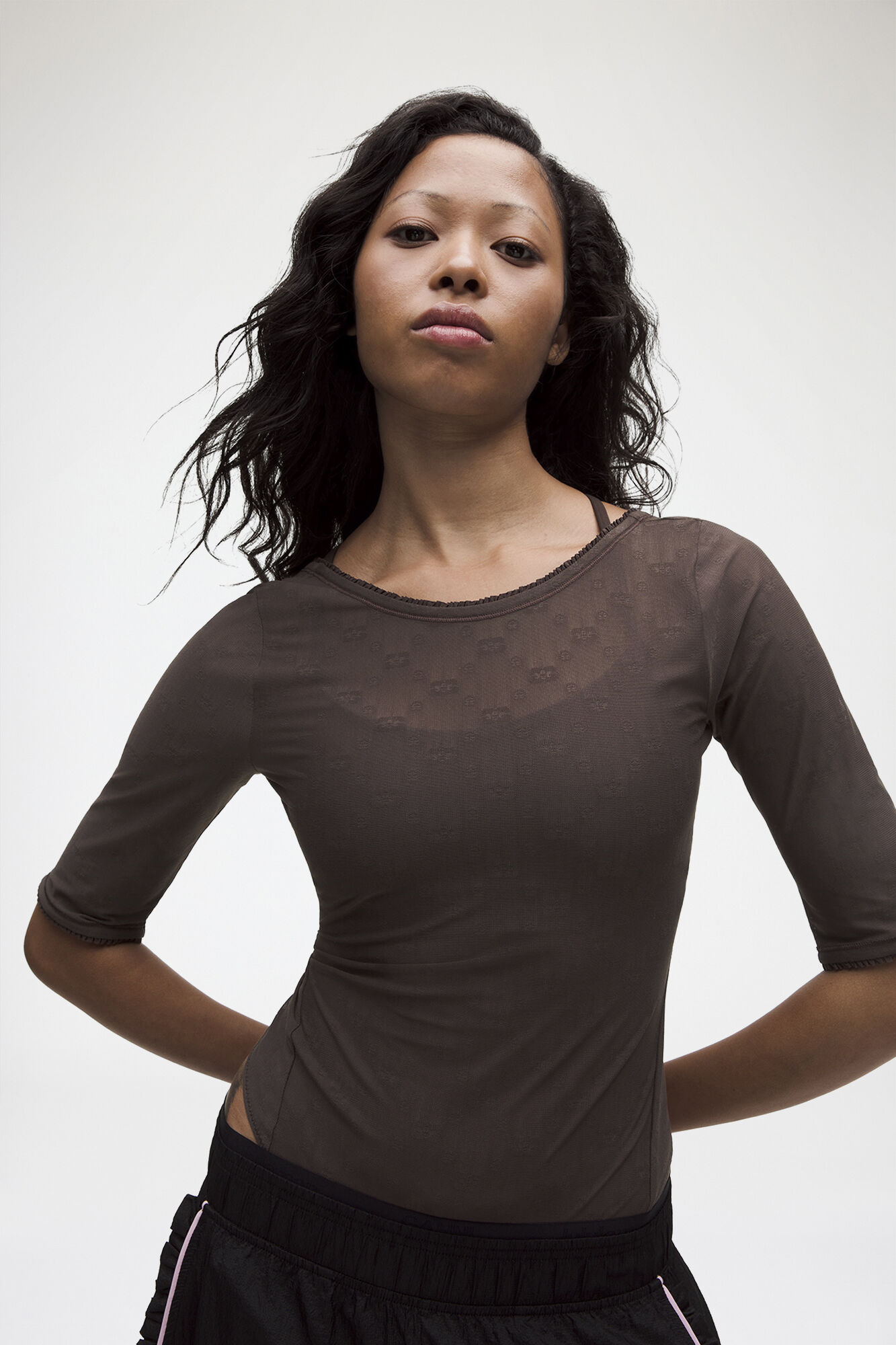 Jacquard Mesh Half-Sleeve Bodysuit, Recycled Polyamide, in colour Espresso - 4 - GANNI