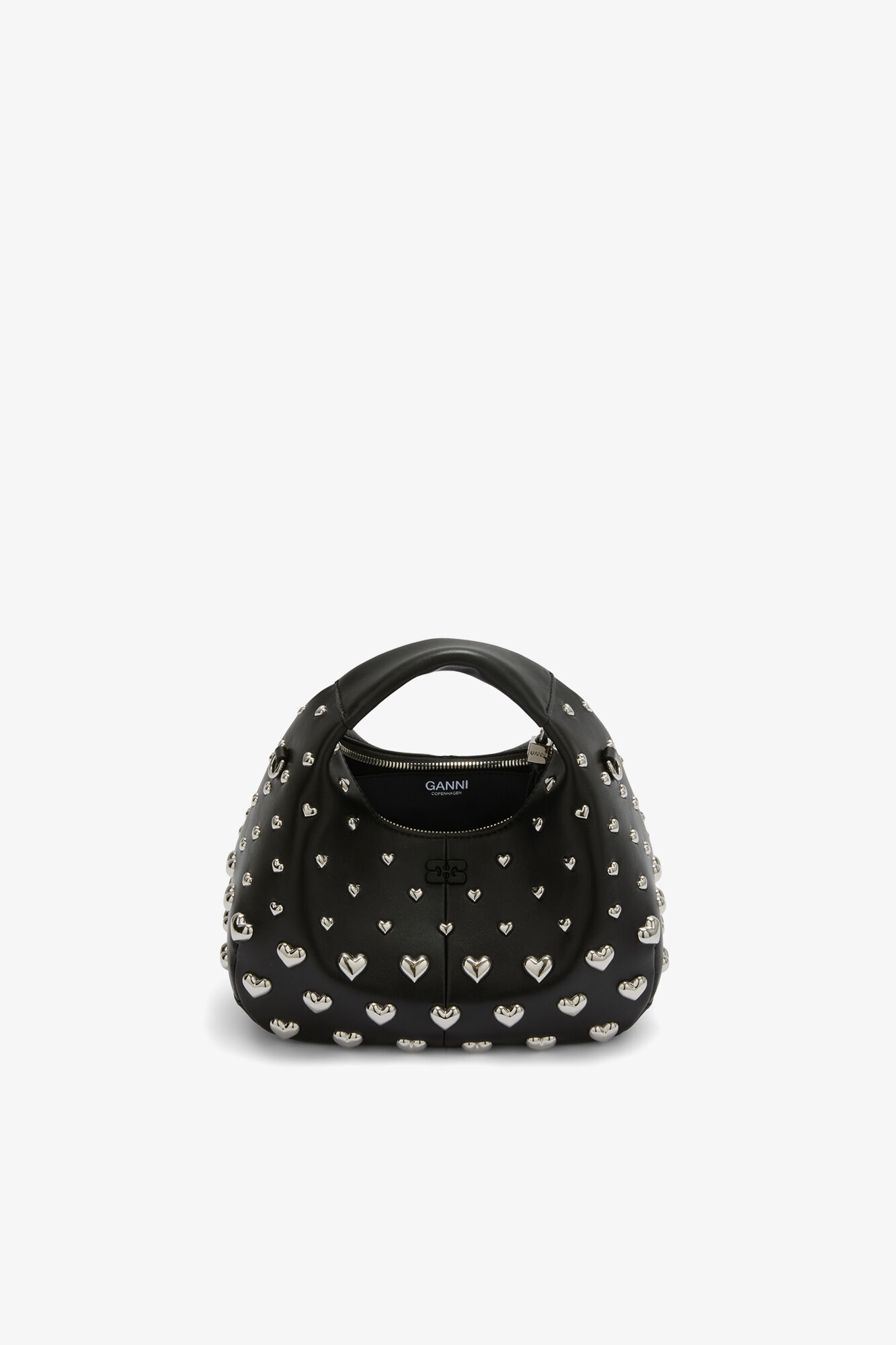 Mini Hobo Bag with Heart Studs in Black, Recycled Leather, in colour Black - 3 - GANNI