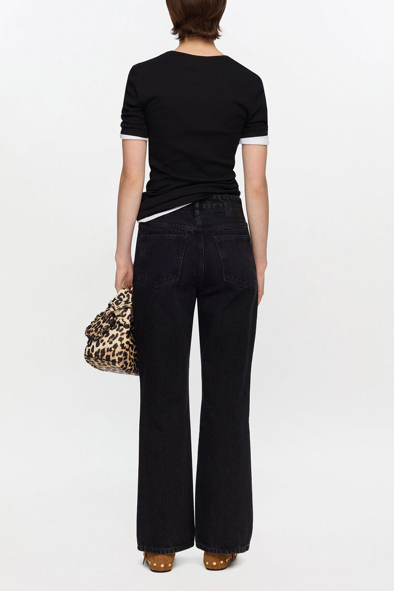 Betzy Cropped Jeans in Black Rigid Denim, Organic Cotton, in colour Black Washed - 2 - GANNI