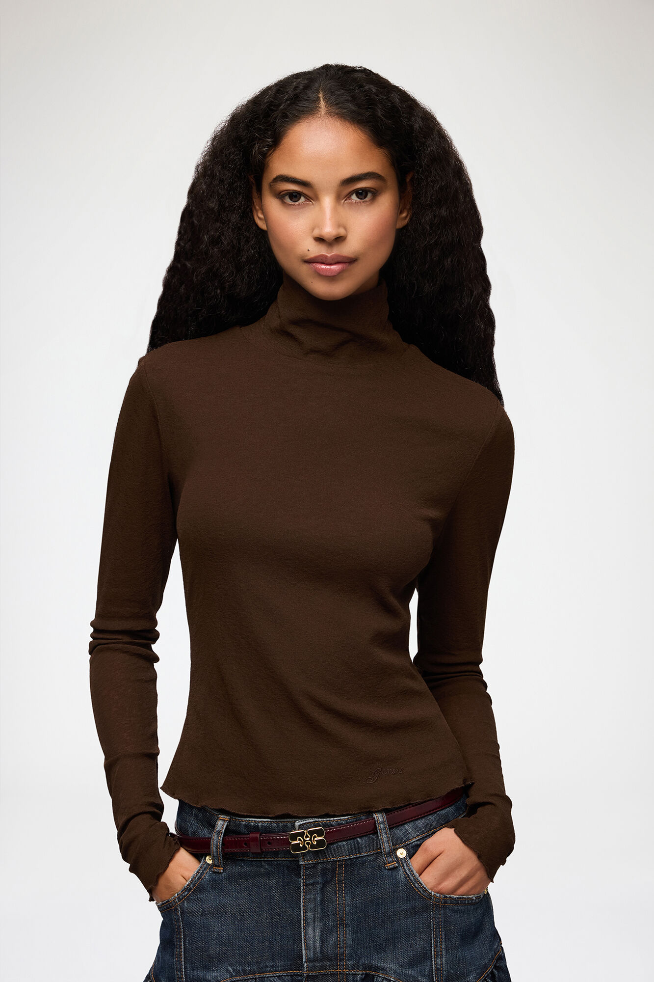 Turtleneck in Marl Mesh, Recycled Polyester, in colour Demitasse - 1 - GANNI