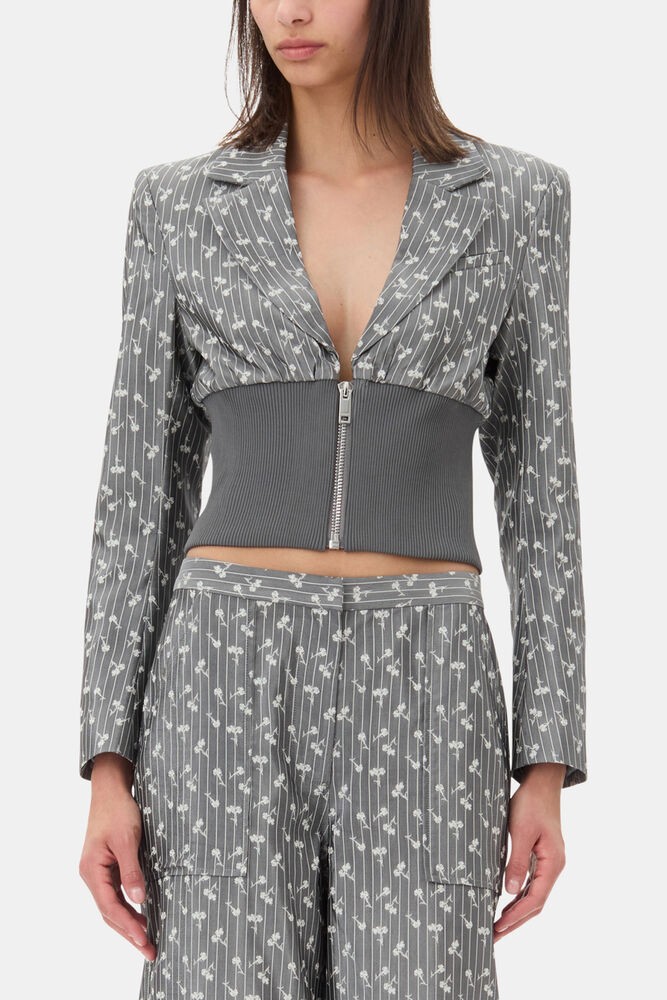 Grey Jacquard Cropped Blazer, Smoked Pearl