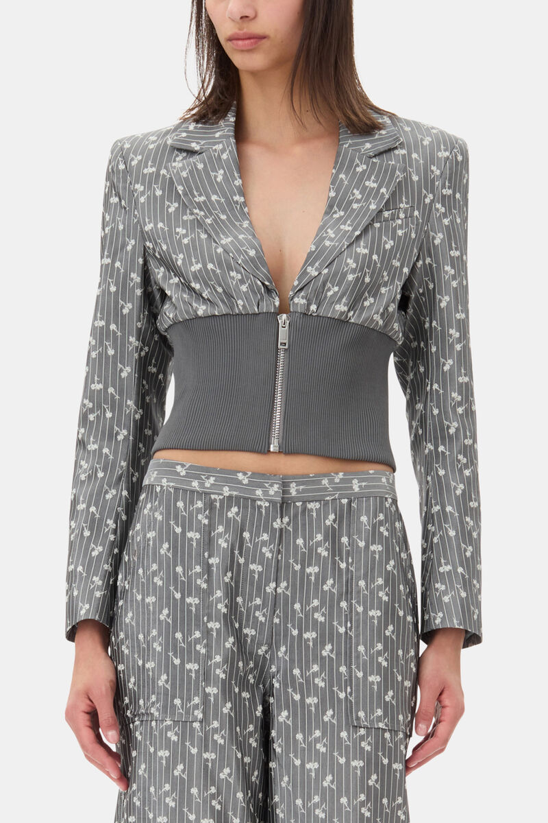 Grey Jacquard Cropped Blazer, Acetate, in colour Smoked Pearl - 1 - GANNI