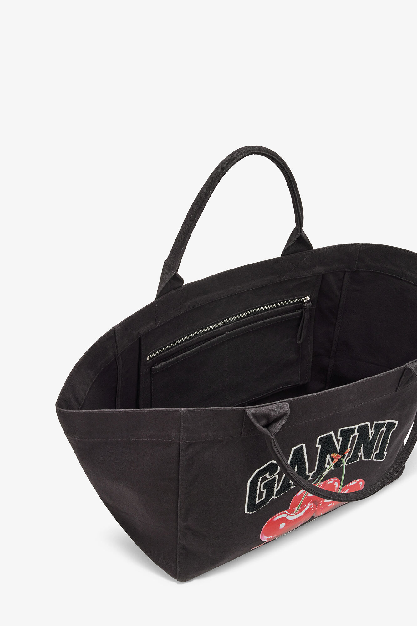 Tote XXL with Cherry, Recycled Cotton, in colour Phantom - 3 - GANNI