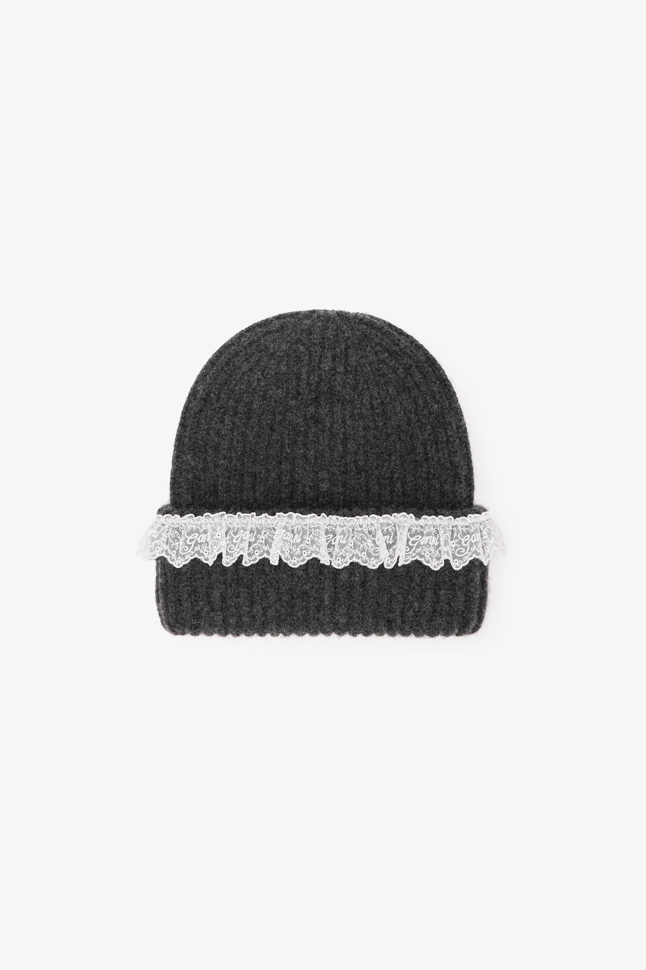 Beanie in Lace Wool, Wool, in colour Phantom - 1 - GANNI