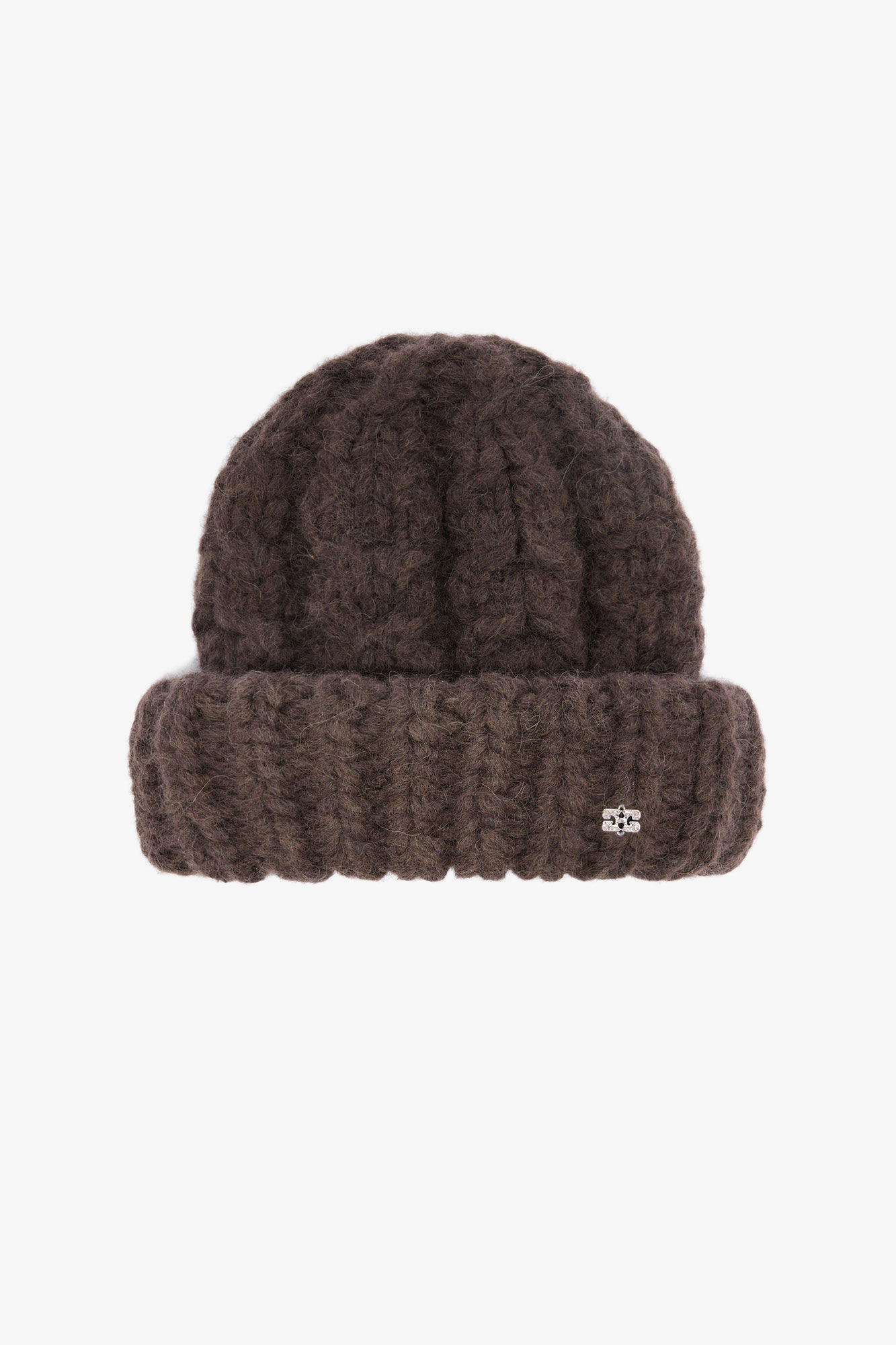 XXL Beanie in Brown Cable Knit, Mohair, in colour Demitasse - 1 - GANNI