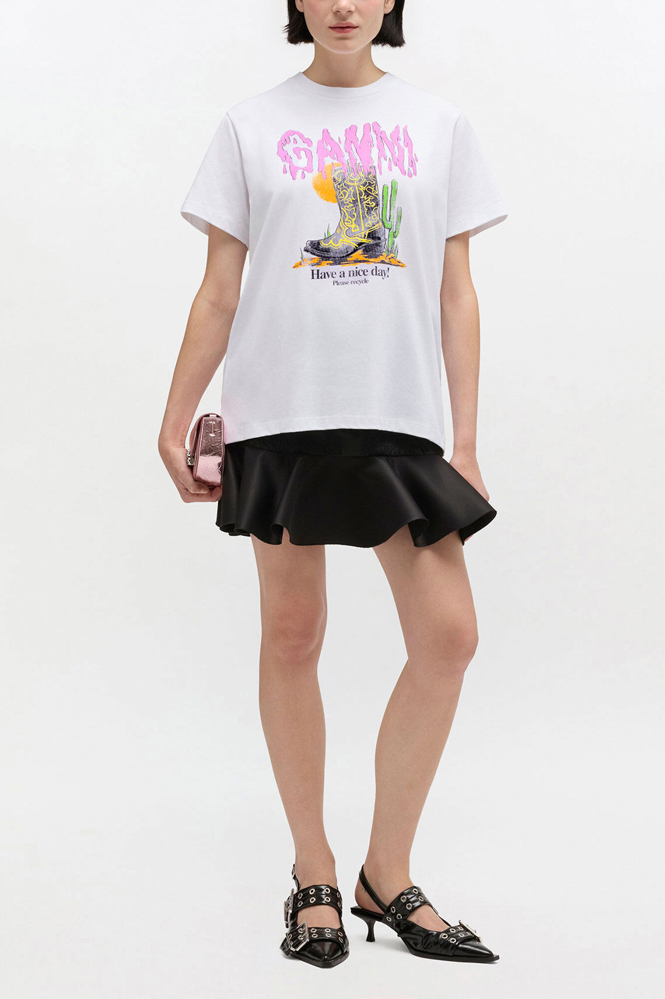 White Western Boot Print T-shirt, Organic Cotton, in colour Bright White - 2 - GANNI