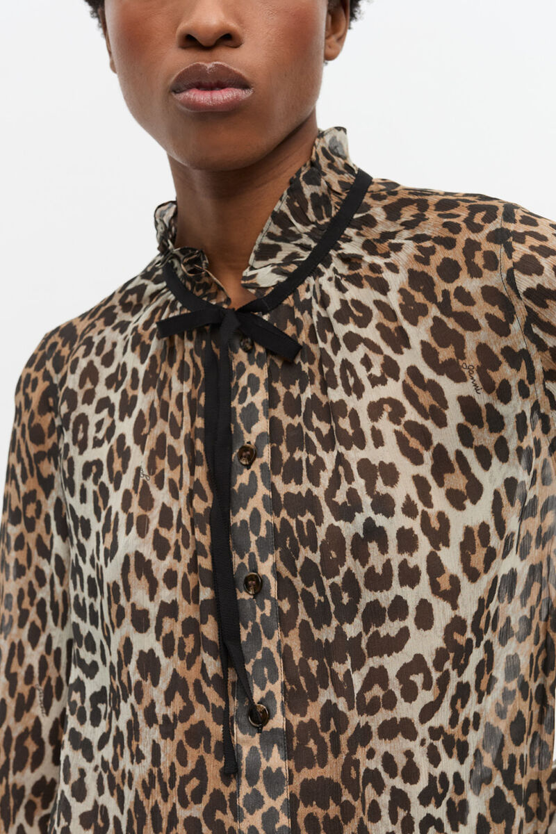 Leopard Print Chiffon Tie String Shirt, Viscose, in colour Leopard - 3 - GANNI