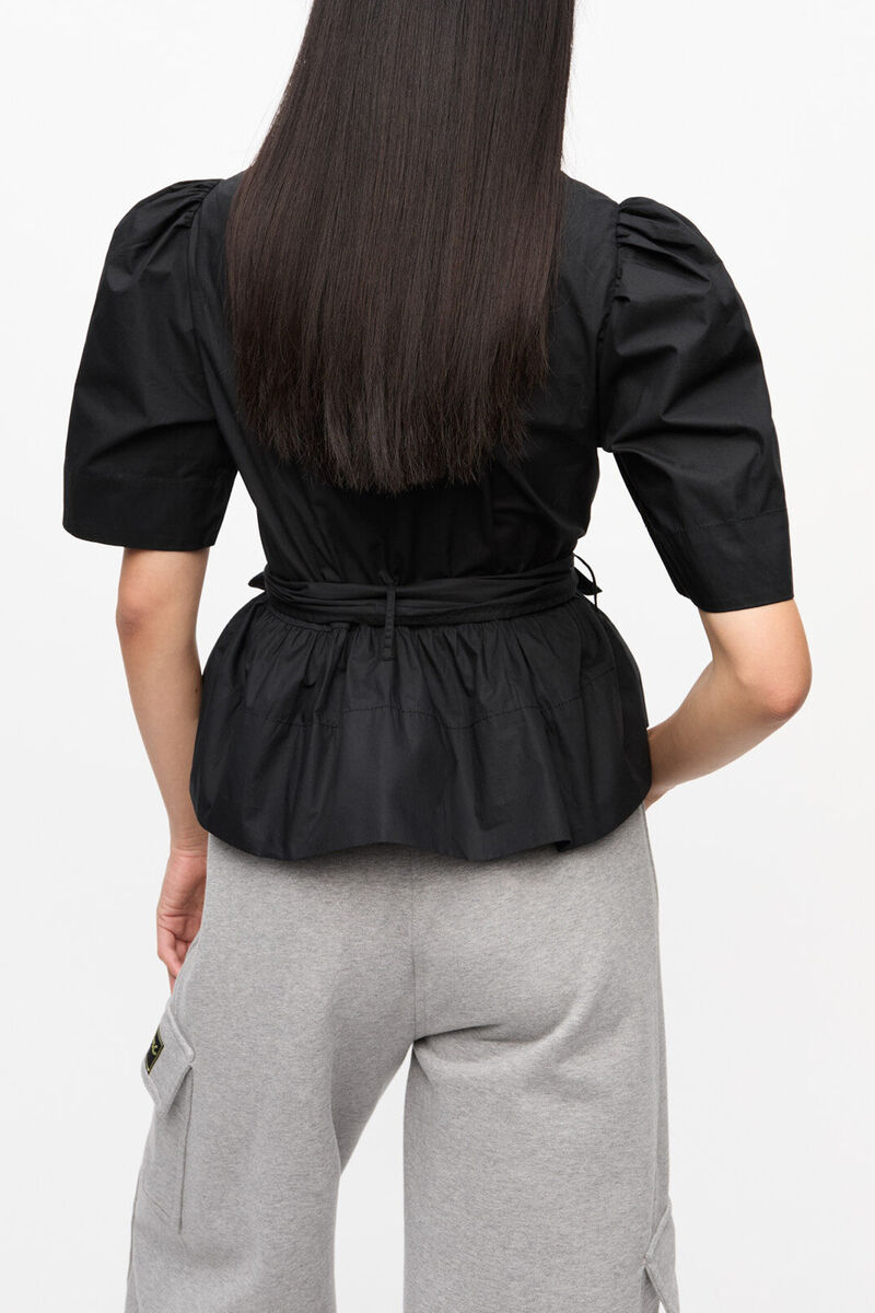 ブラック ストレッチコットン タイストラップ ブラウス, Organic Cotton, in colour Black - 2 - GANNI