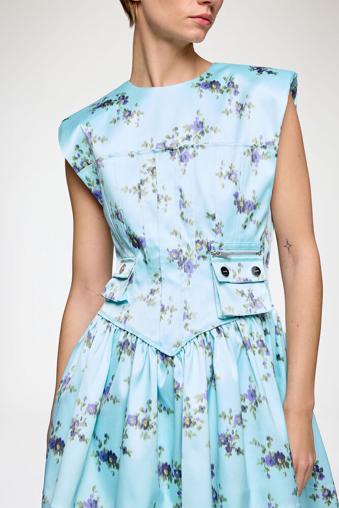 Dress in Printed Satin, Iced Aqua