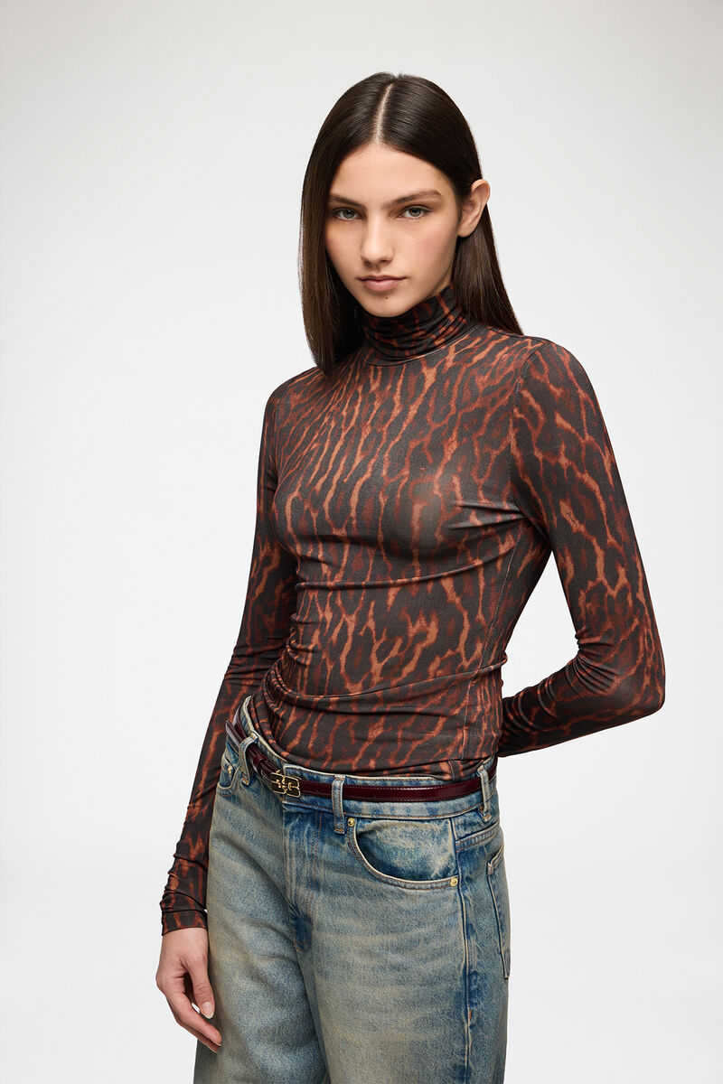 Turtleneck in Printed Jersey, Viscose, in colour Rawhide - 1 - GANNI