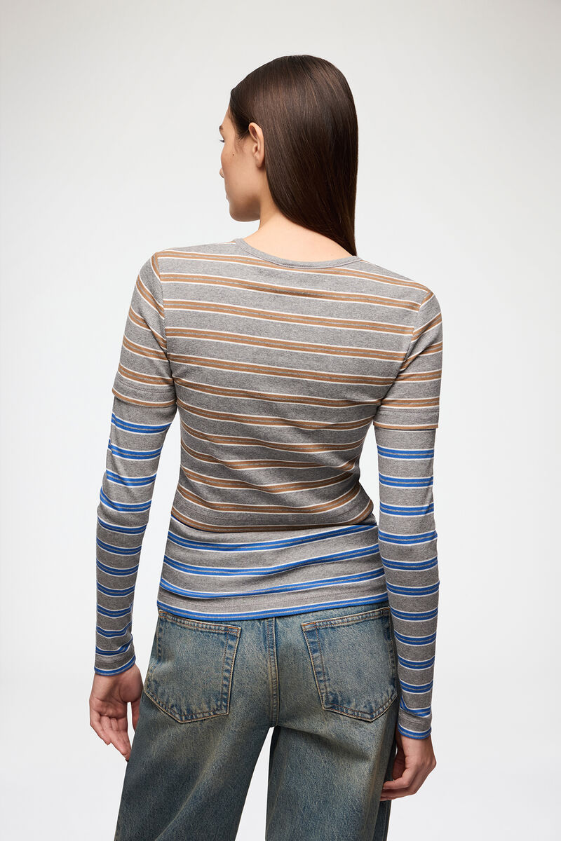 Long-sleeve Top in Double Stripe, Organic Cotton, in colour Strong Blue - 3 - GANNI