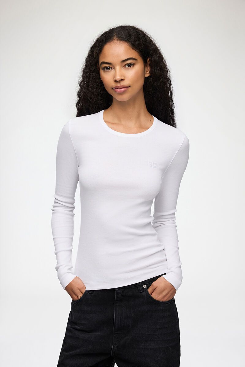 Haut à manches longues côtelé, Organic Cotton, in colour Bright White - 1 - GANNI
