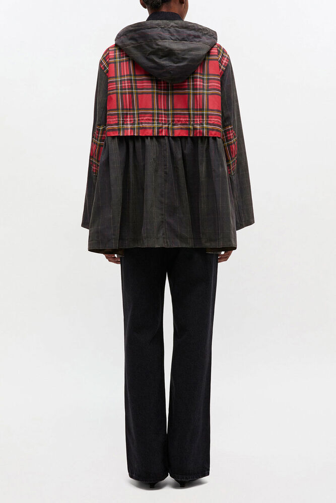 Peplum Wax Jacket in Tartan, Dark Green
