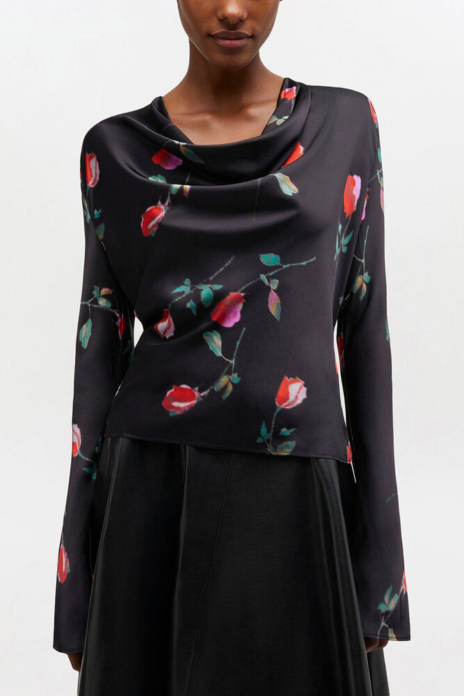 Printed Satin Blouse, Black