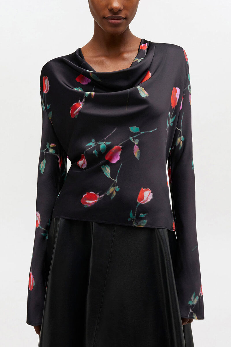 Satinbluse med print, Viscose, in colour Black - 1 - GANNI