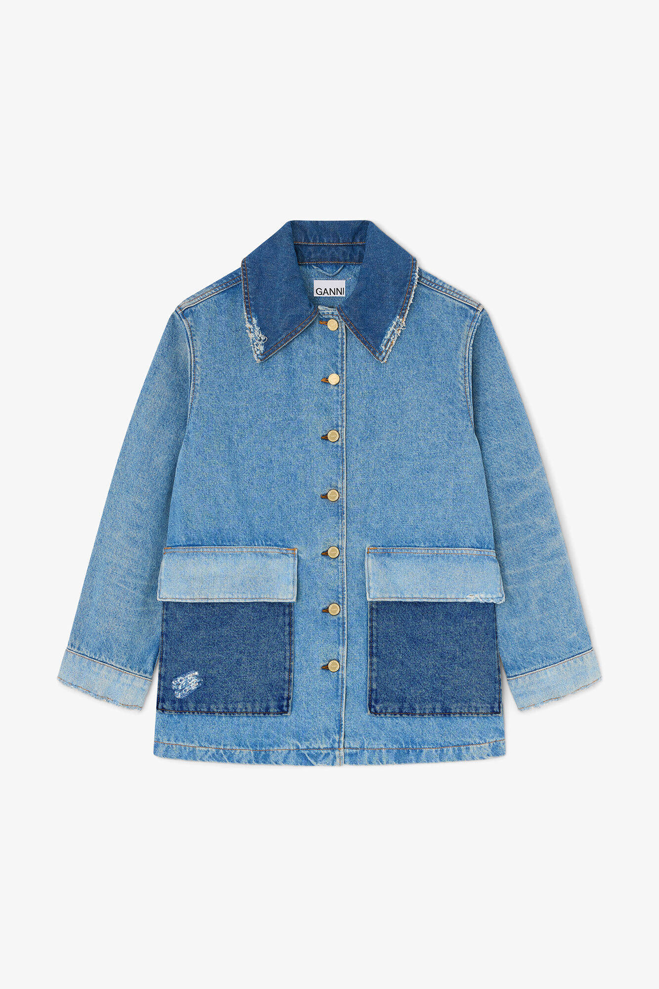 Jacket in Patchwork Denim, Organic Cotton, in colour Mid Blue Vintage - 1 - GANNI