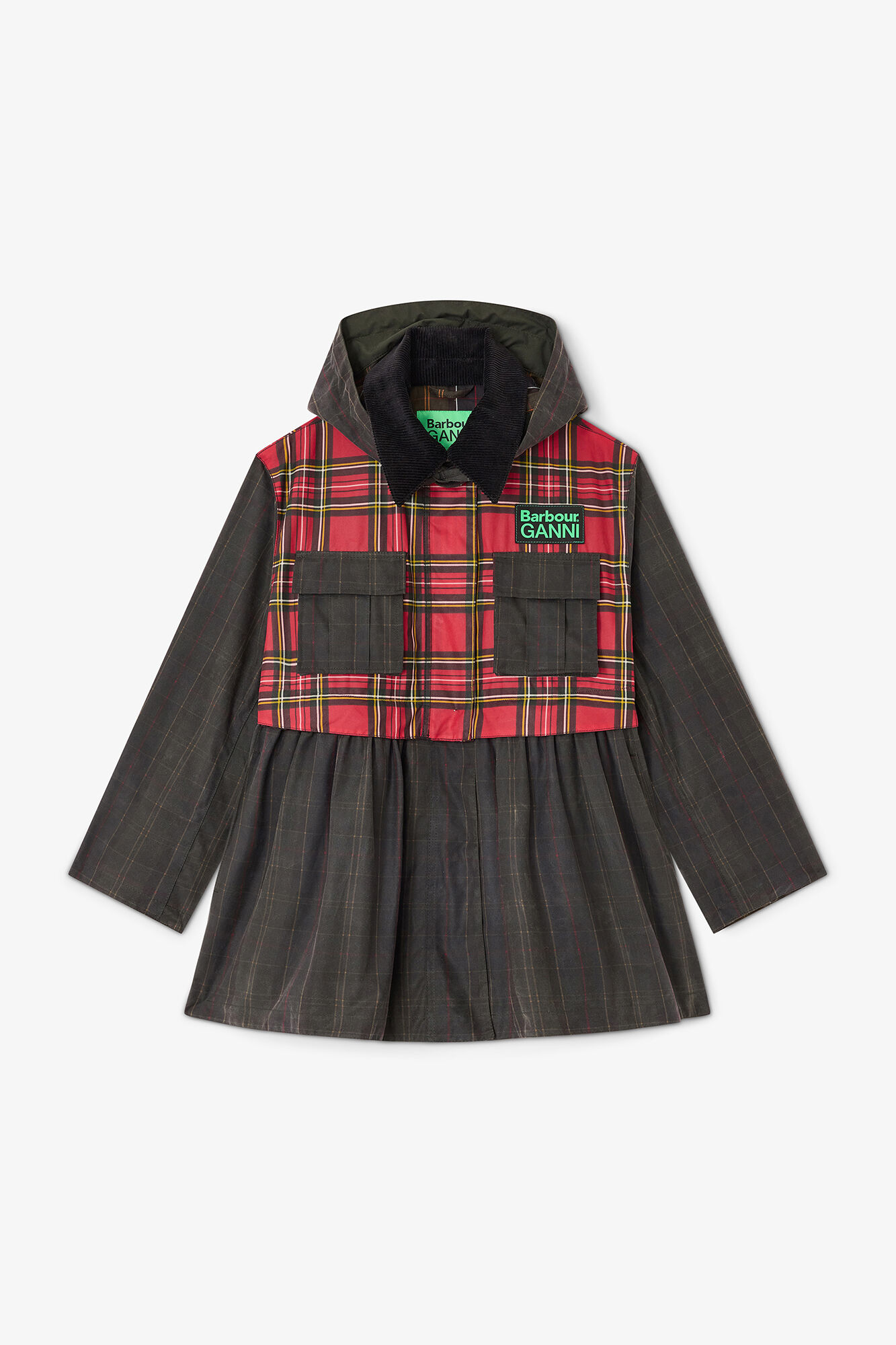 Peplum Wax Jacket in Tartan, Cotton, in colour Dark Green - 1 - GANNI