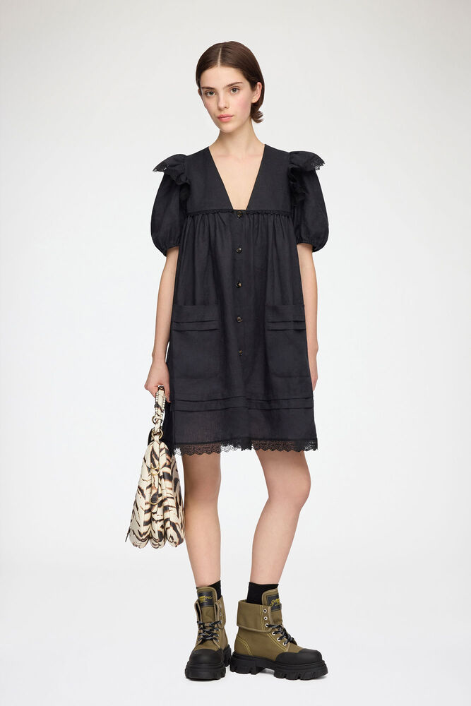 Mini Dress in Black Linen, Black
