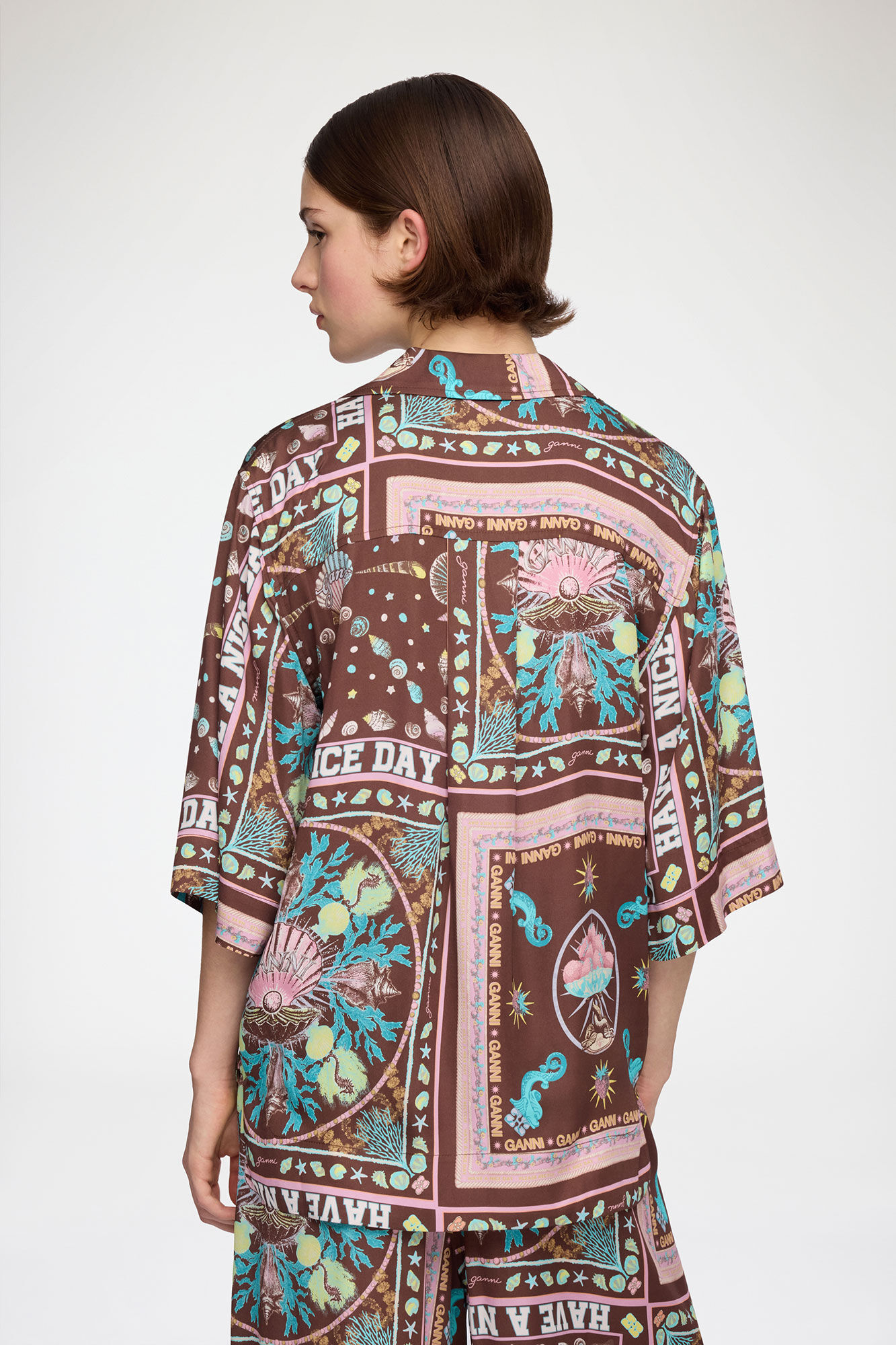 Shirt in Printed Twill, Viscose, in colour Chicory Coffee - 3 - GANNI