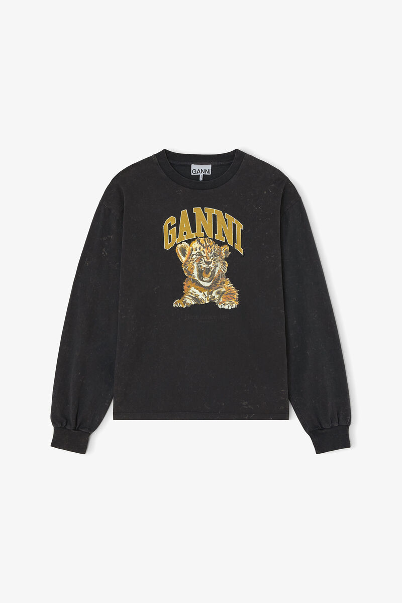 Long-sleeve T-shirt with Tiger, Organic Cotton, in colour Phantom - 1 - GANNI