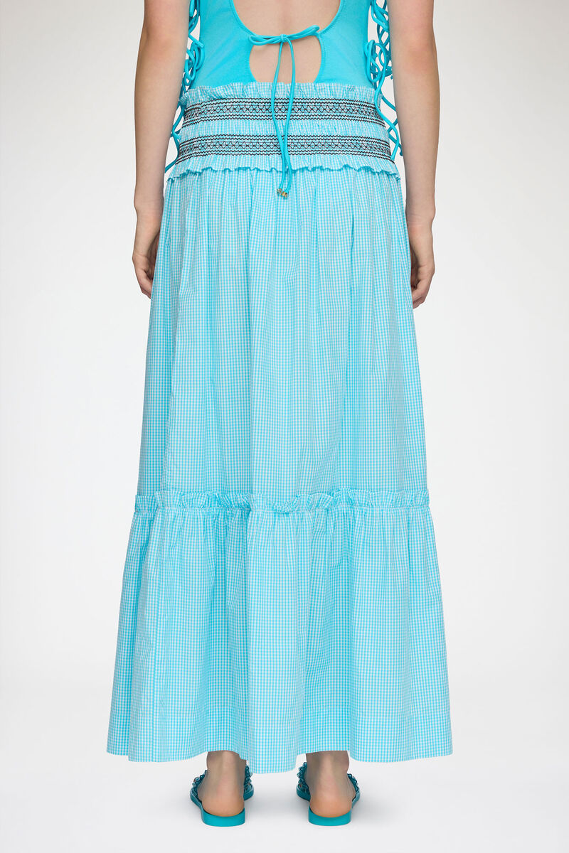Convertible Skirt in Blue Check, Organic Cotton, in colour Blue Curacao - 3 - GANNI