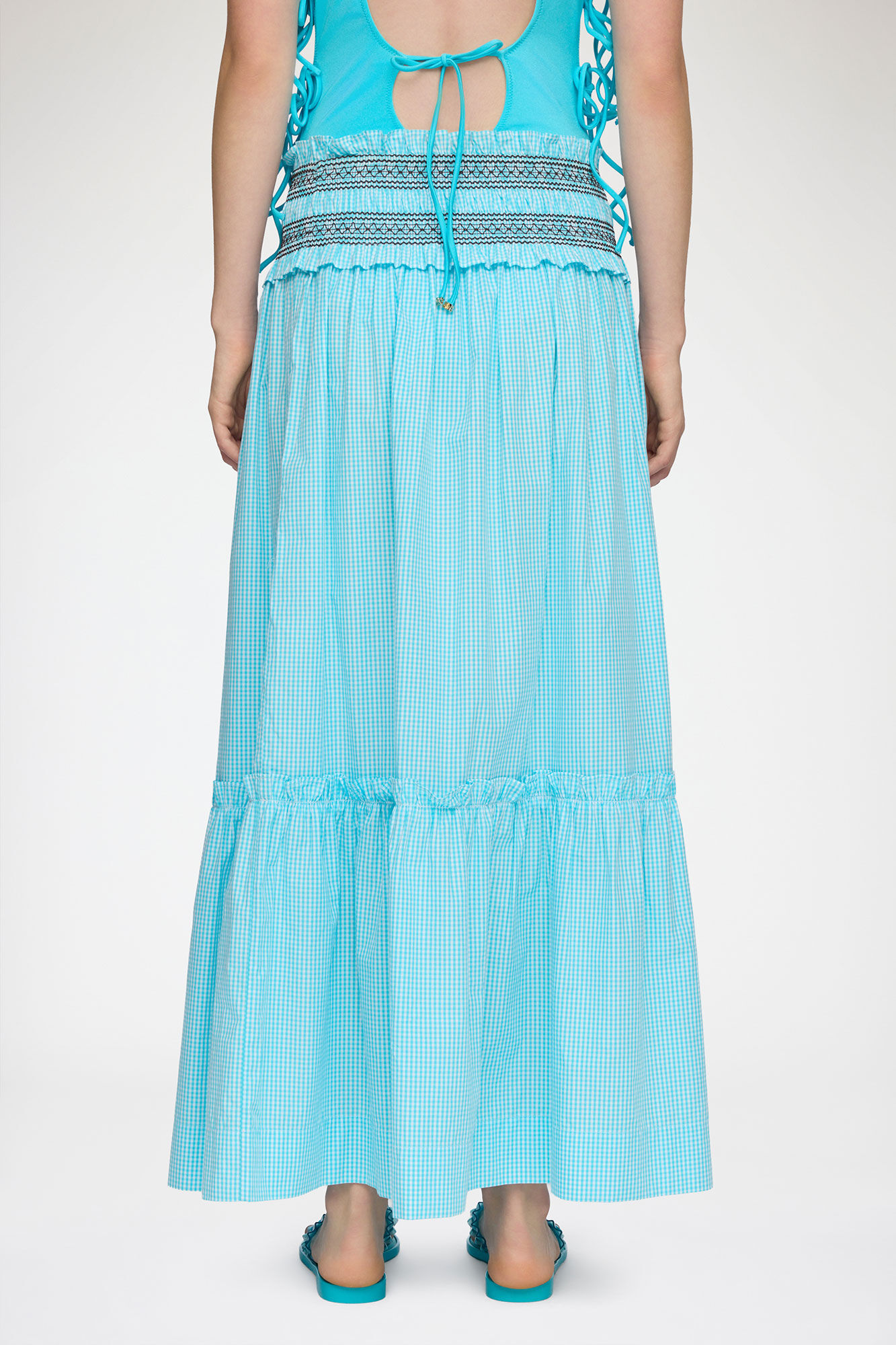 Convertible Skirt in Blue Check, Organic Cotton, in colour Blue Curacao - 3 - GANNI