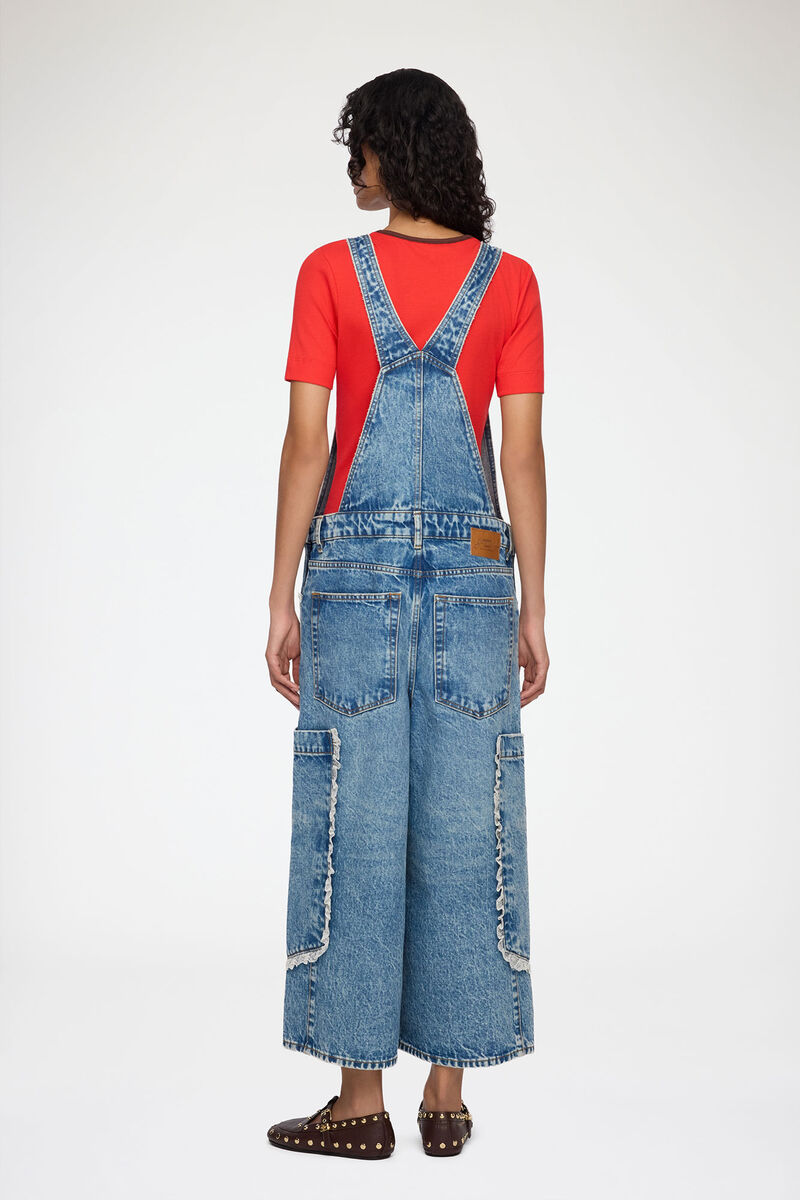 Overalls Cropped Lace in Rigid Denim, Organic Cotton, in colour Dark Blue Vintage - 2 - GANNI