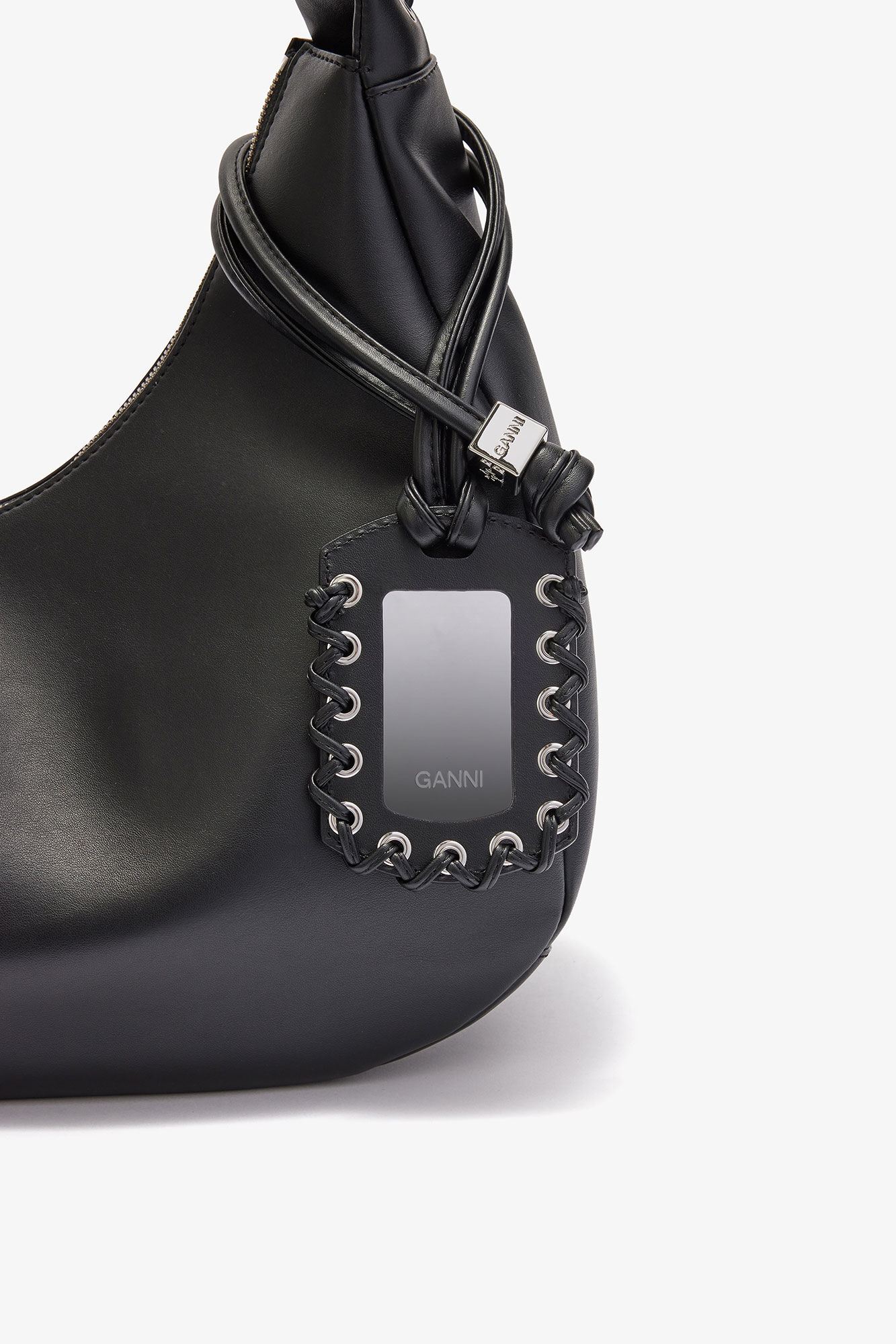 Black Medium Laces Hobo Bag, Recycled Leather, in colour Black - 4 - GANNI