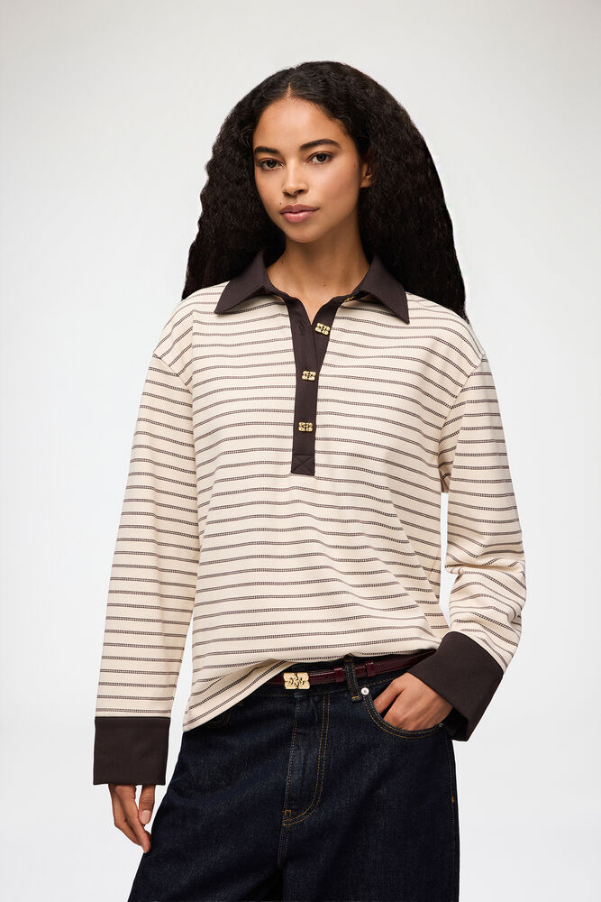 Polo Shirt in Stripe, Chocolate Brown