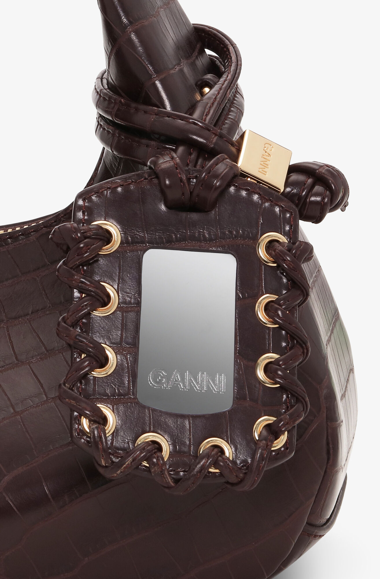 Mini Hobo Bag in Brown Croco, Recycled Leather, in colour Chocolate Fondant - 5 - GANNI