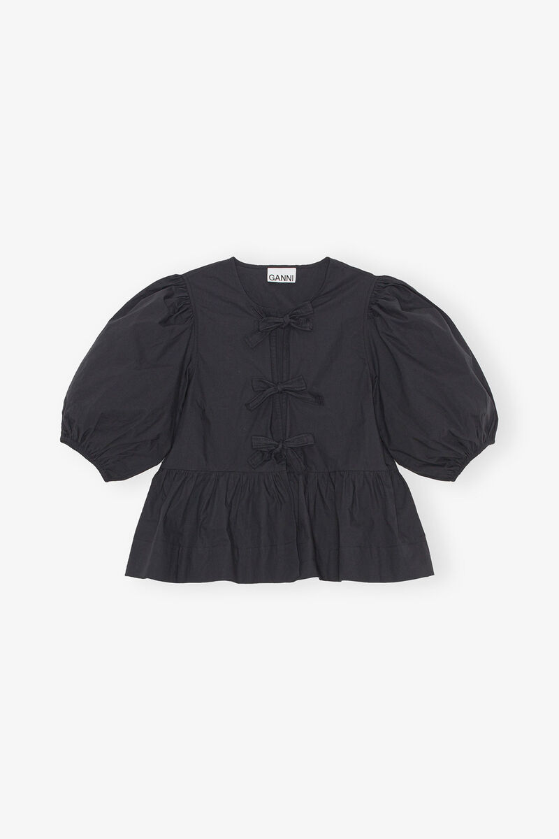 Peplum-Bluse aus Baumwollpopeline mit Bindeband, Organic Cotton, in colour Black - 1 - GANNI