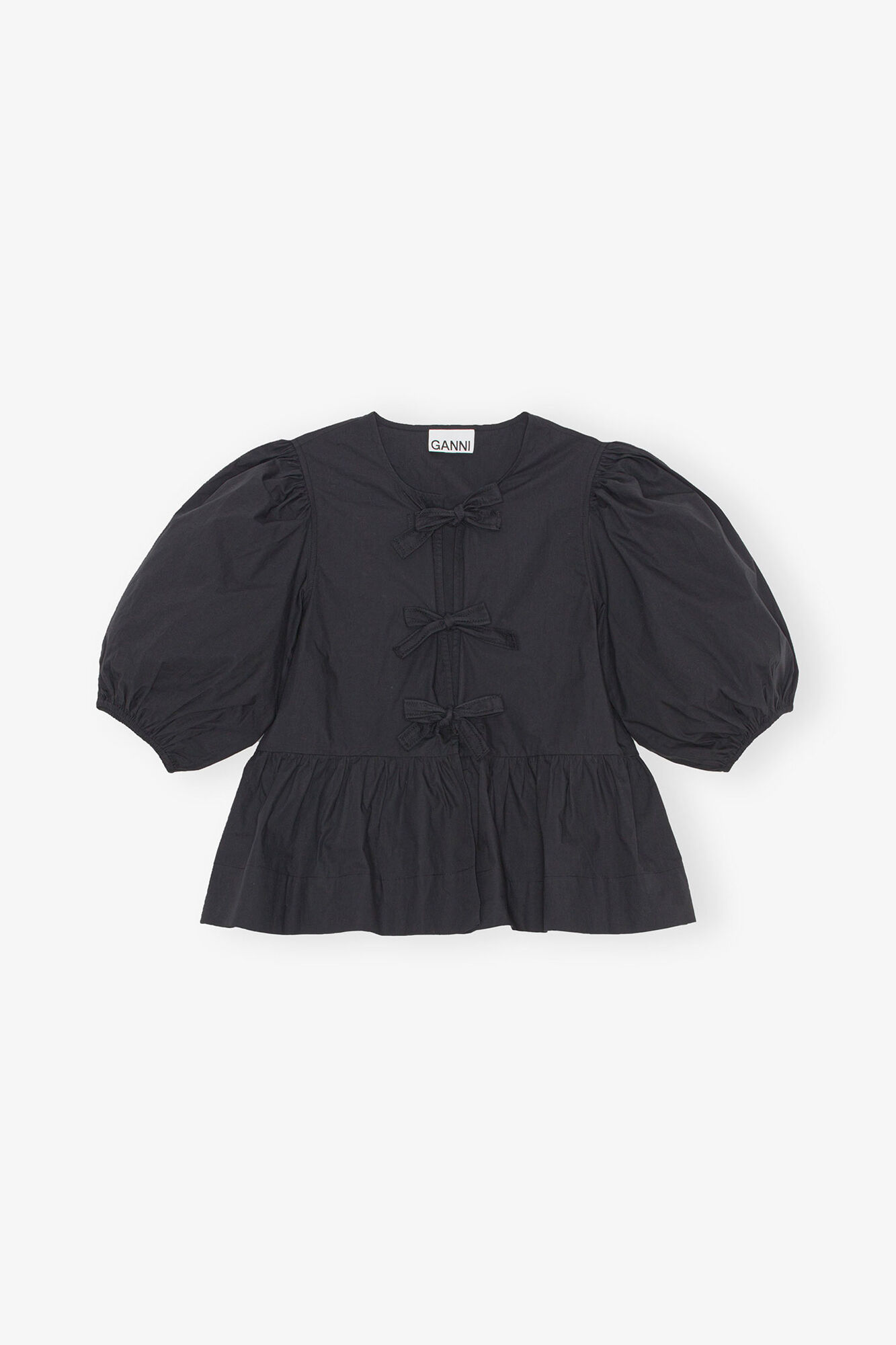 Peplum-Bluse aus Baumwollpopeline mit Bindeband, Organic Cotton, in colour Black - 1 - GANNI