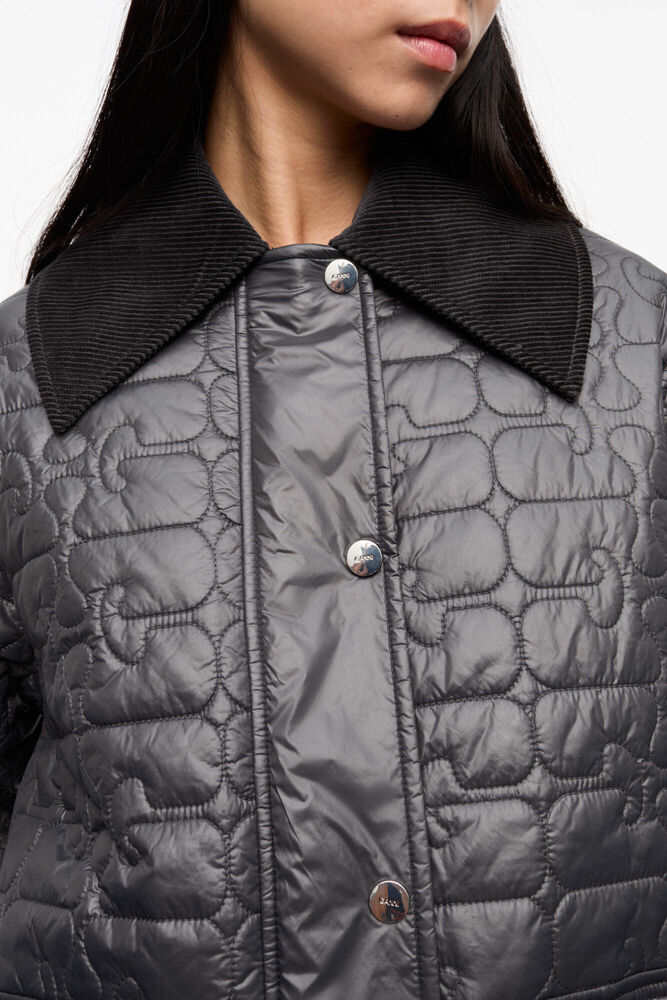 Black Shiny Quilt Midi Jacket, Phantom
