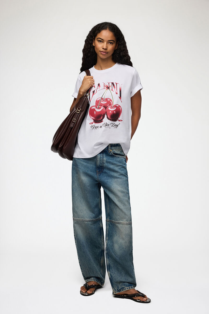 White Basic Jersey Cherry Relaxed T-shirt, Organic Cotton, in colour Bright White - 2 - GANNI