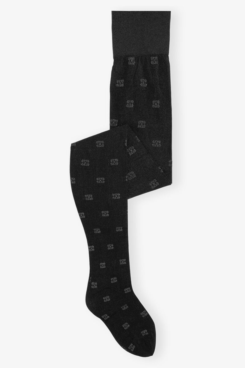 Black Glitter Butterfly Lace Tights, Recycled Polyamide, in colour Black - 1 - GANNI
