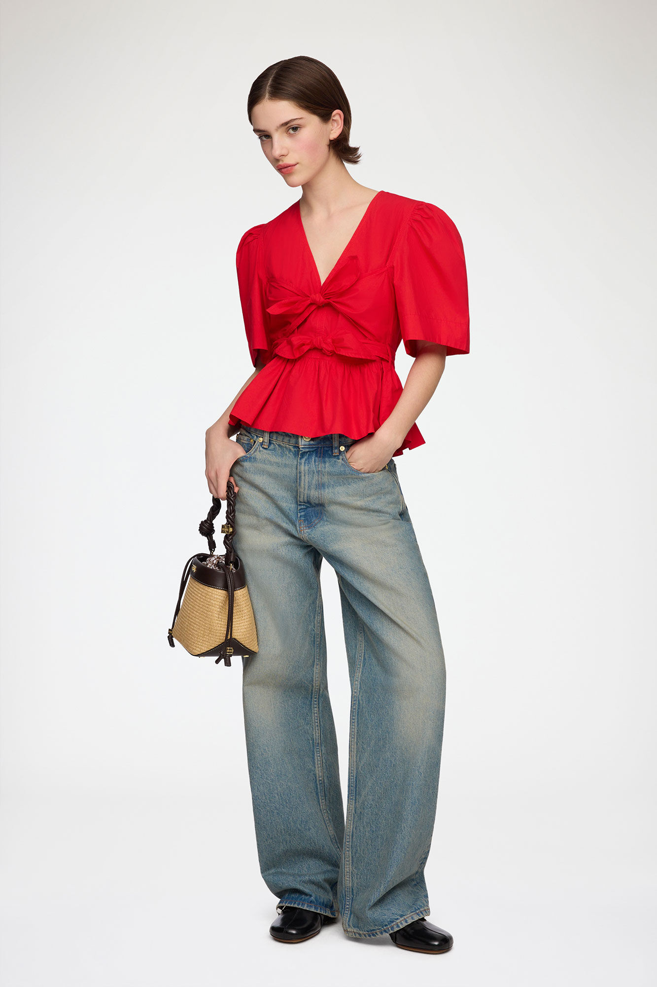 Bluse aus roter Baumwolle, Organic Cotton, in colour Racing Red - 2 - GANNI