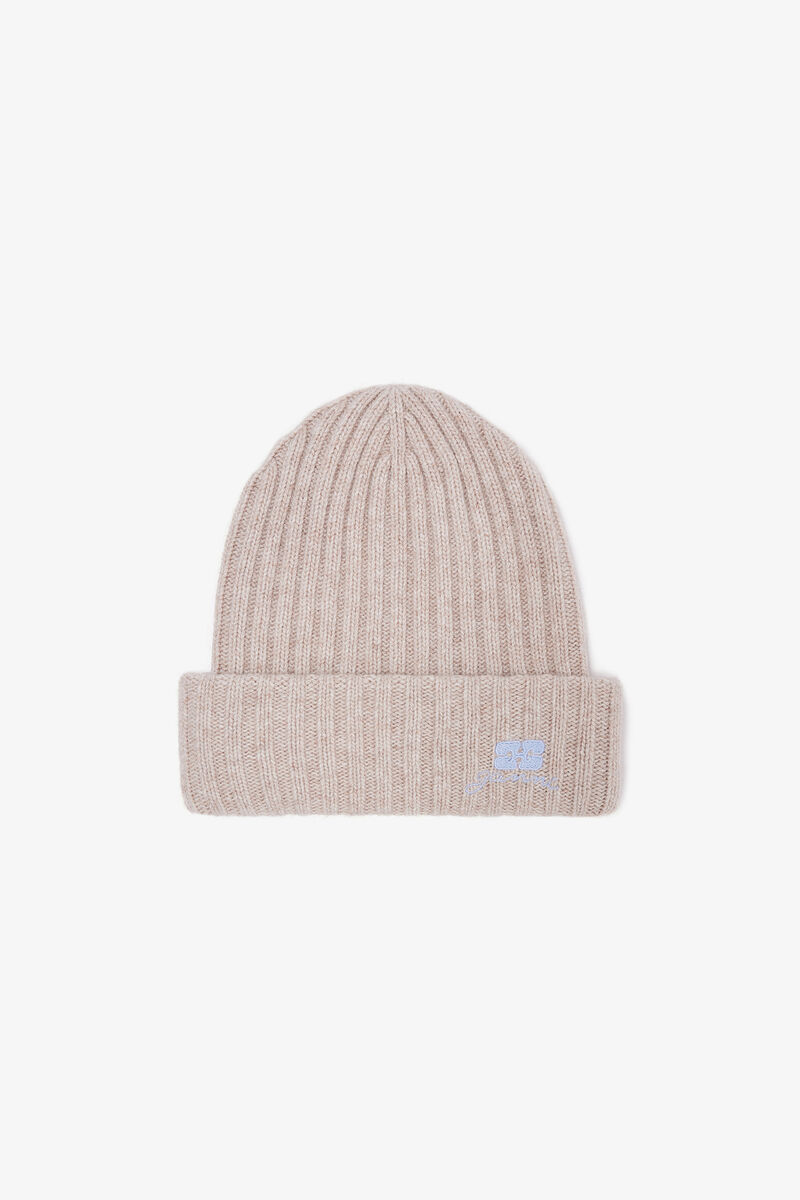 Beanie in Beige Wool Knit, Wool, in colour Sand - 1 - GANNI