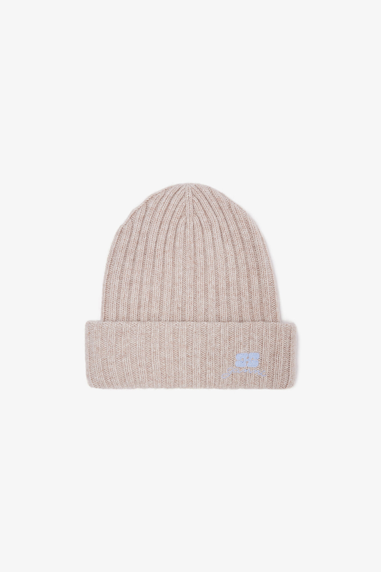Beanie in Beige Wool Knit, Wool, in colour Sand - 1 - GANNI