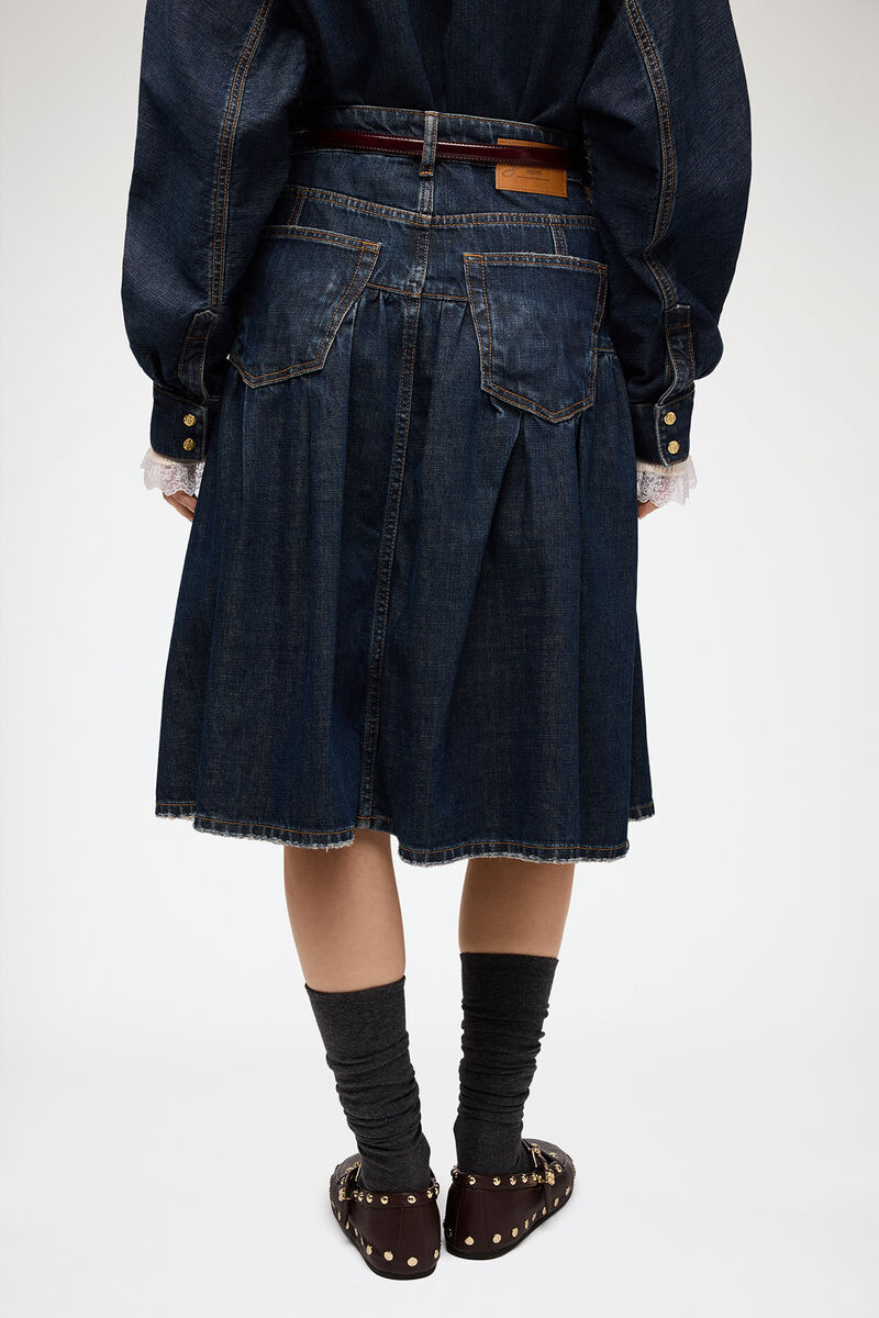 Skirt in Textured Slub Denim, Recycled Cotton, in colour Dark Blue Vintage - 3 - GANNI