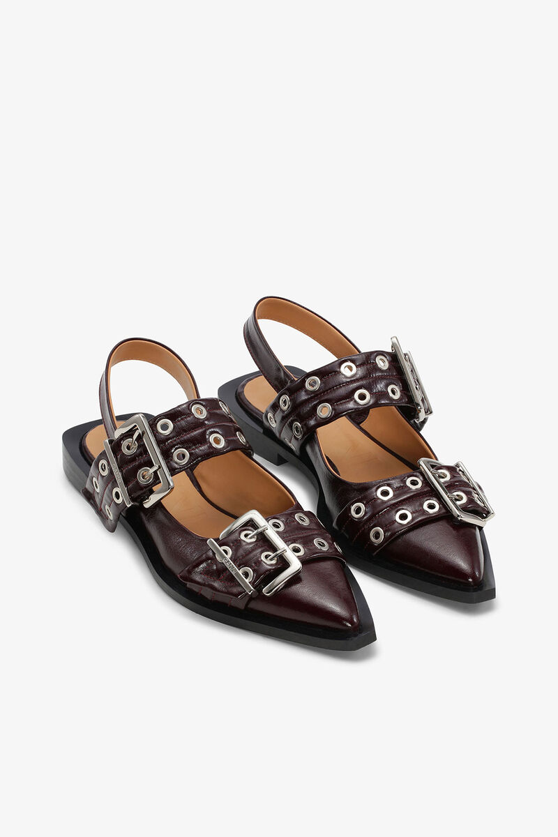 Feminine Buckle Ballerinas in Burgundy, Recycled Polyester, in colour Burgundy - 2 - GANNI